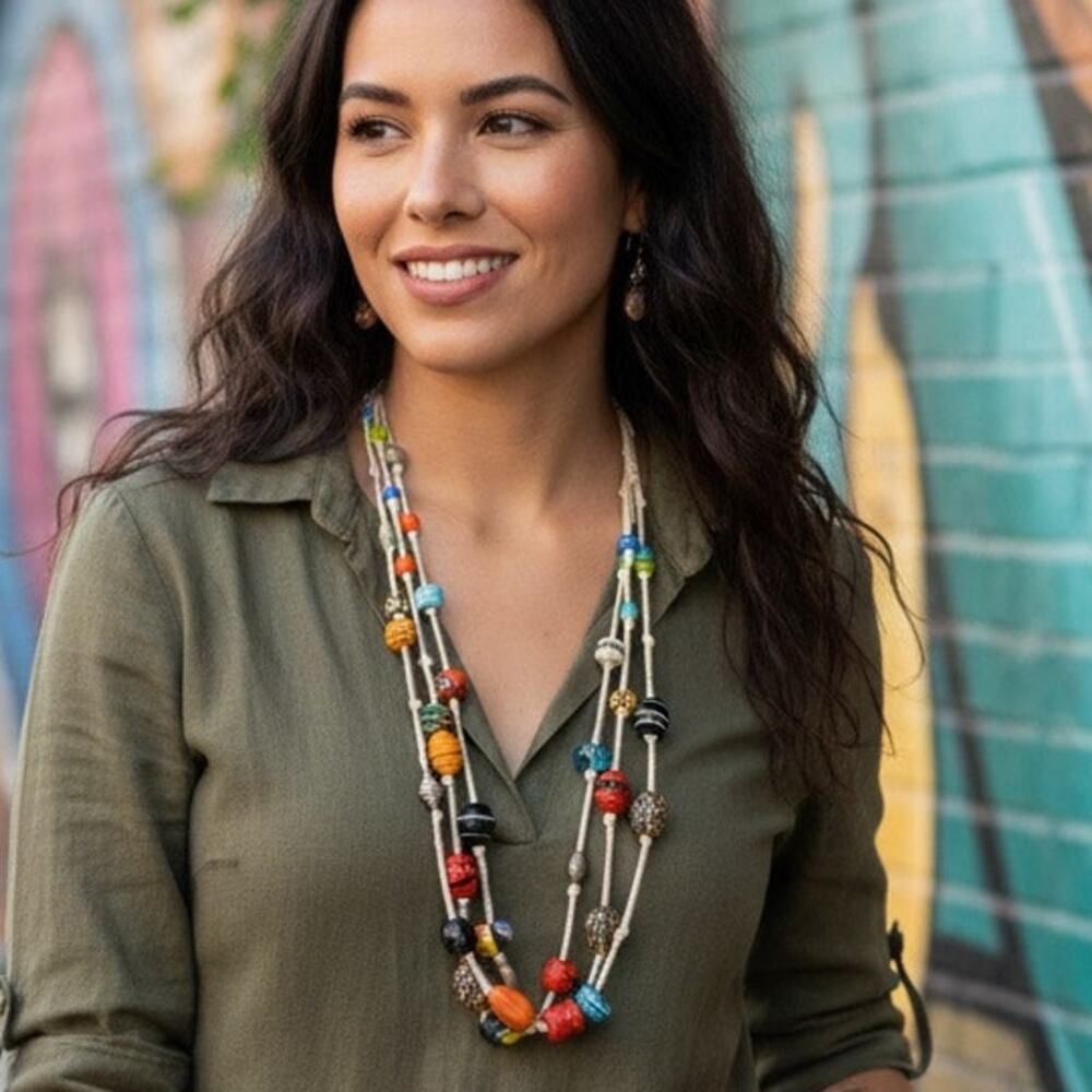 Unique and VIbrant Boho Multistrand Art Glass and Metal Bead Necklace